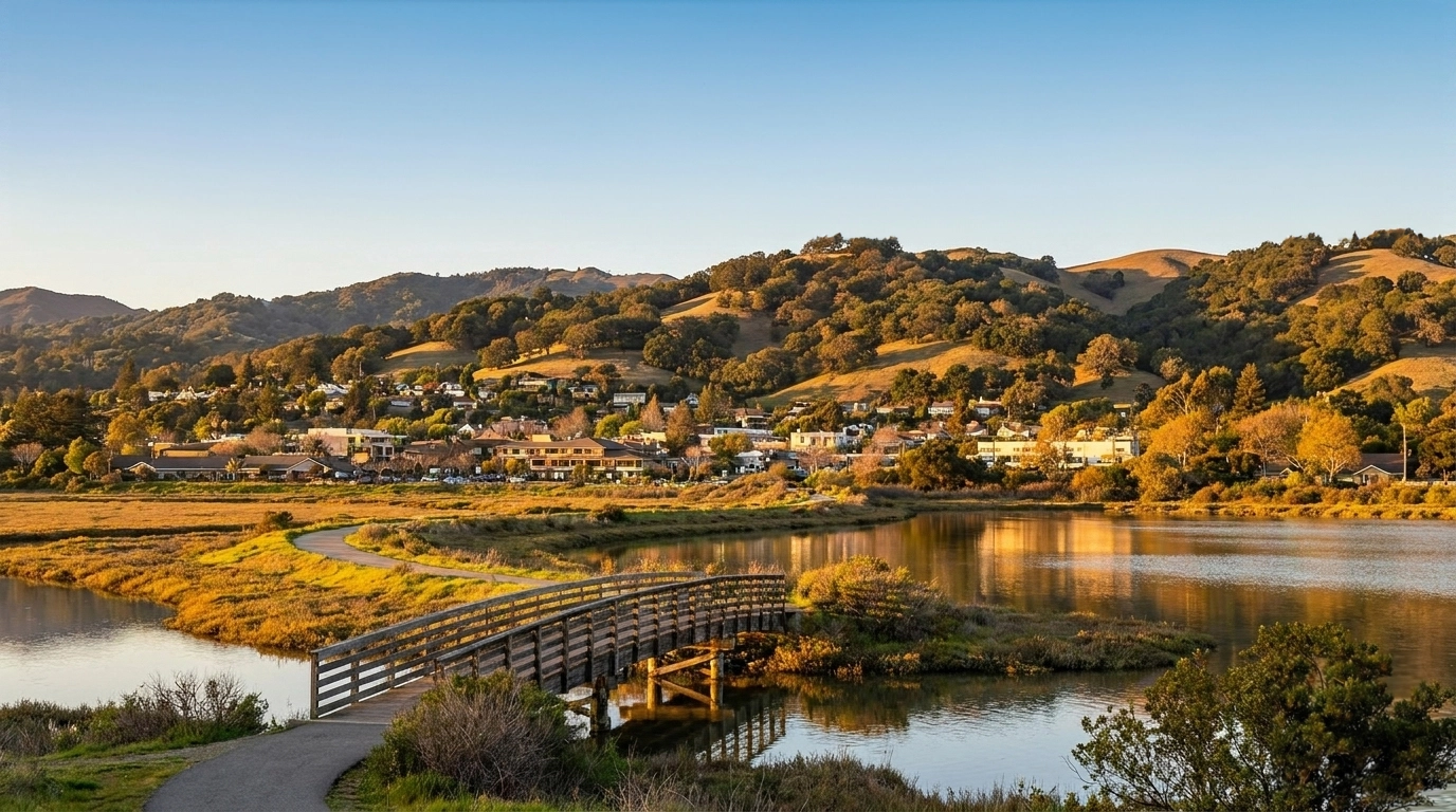 Wooden footbridge over marsh and lagoon at golden hour, calm reflections, and green Marin hills behind Corte Madera